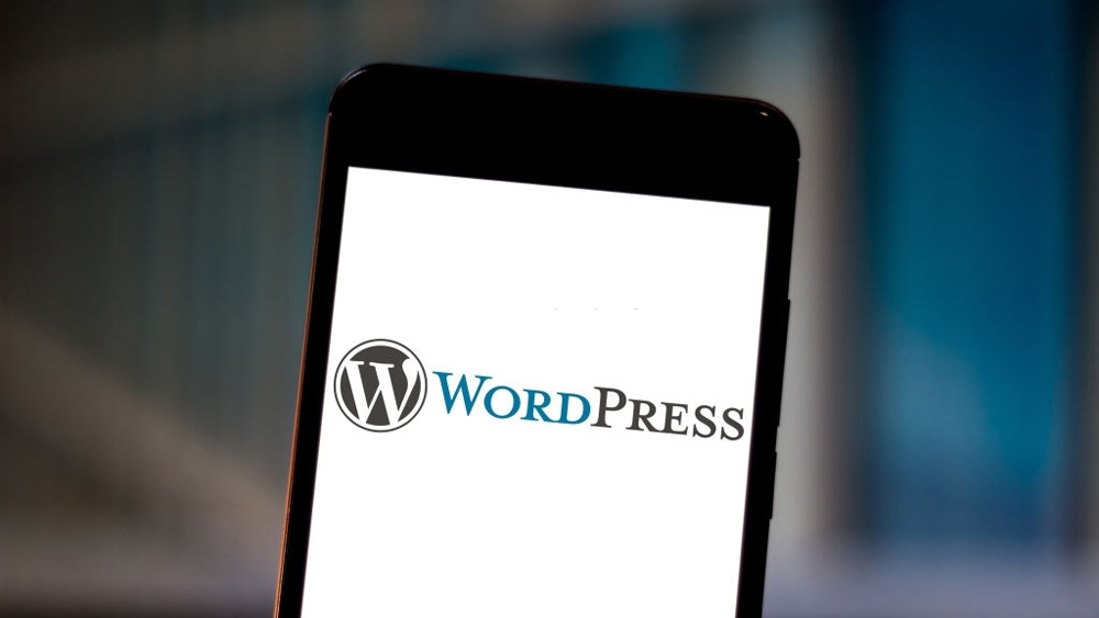 WordPress logo is displayed on cell phone screen