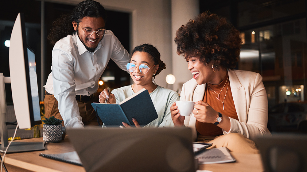 Happy co workers meeting talkinggamification business