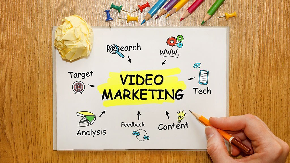 Businessman writing video marketing concept notebook